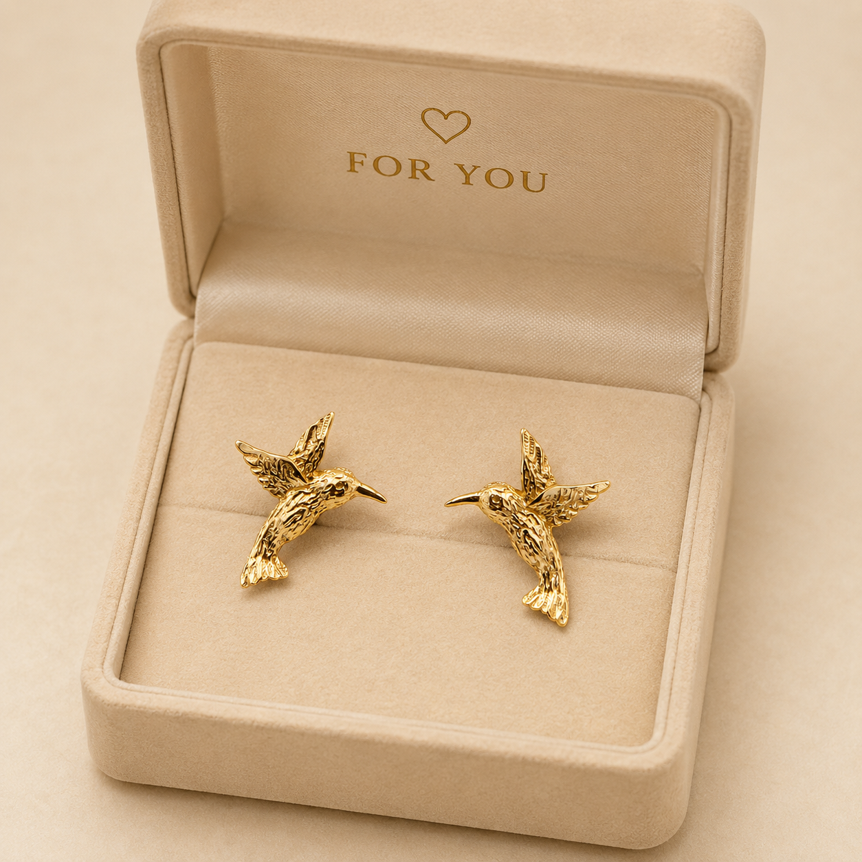 Gold Plated Hummingbird Earrings in a Jewelry Box