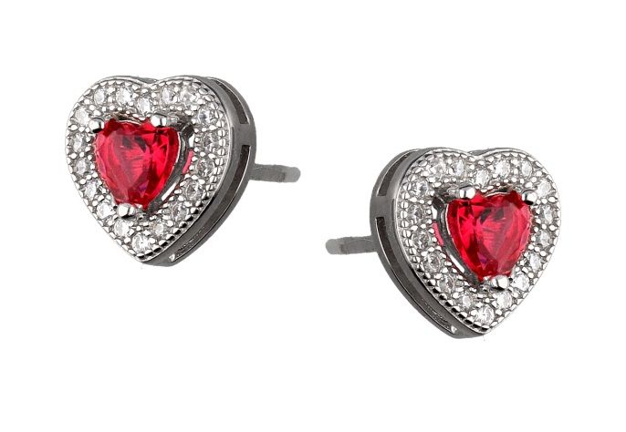 Silver Earrings Ruby ​​Heart