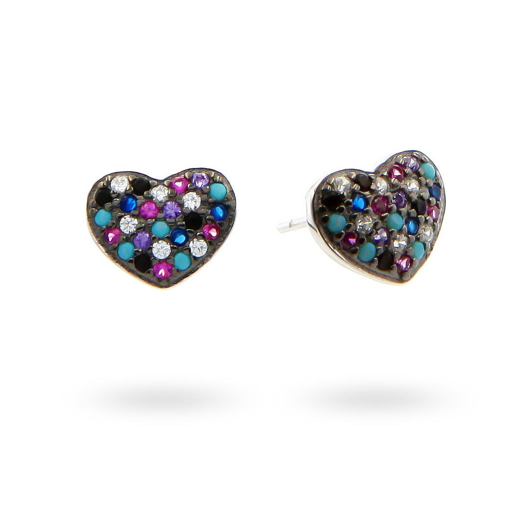 Silver Earrings, Hearts With Colored Stones