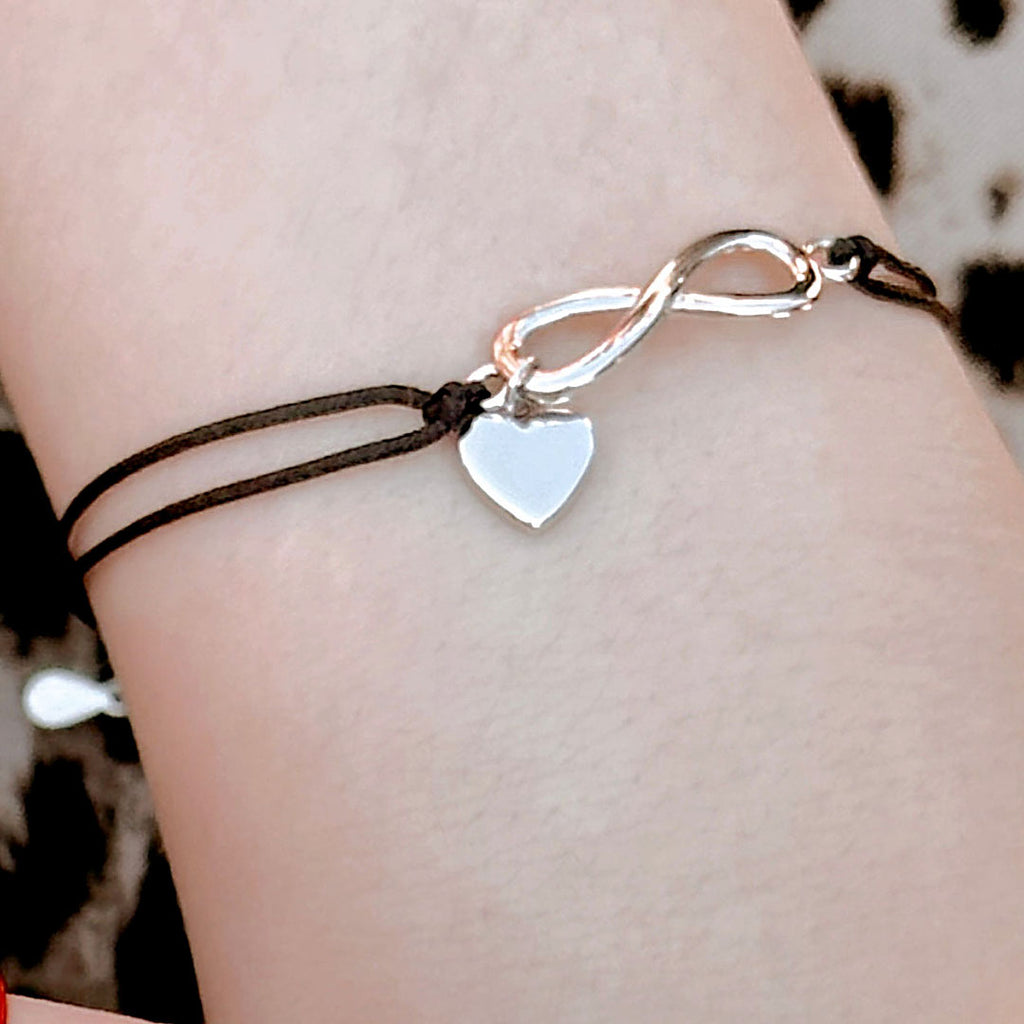 Silbernes Armband, Unendlichkeit und Herz | Verstellbarer schwarzer Kordelzug
