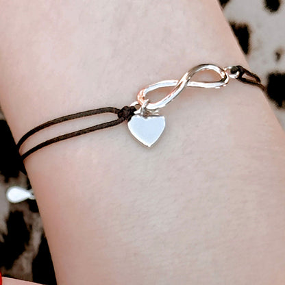 Silver Bracelet, Infinity and Heart | Adjustable Black String