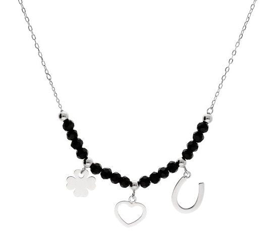 Silver Necklace Black Spinel Length 16.5+3 Heart Clover Horseshoe