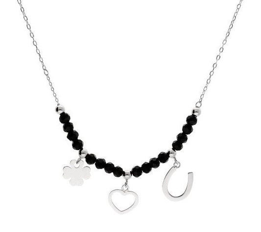 Silver Necklace Black Spinel Length 16.5+3 Heart Clover Horseshoe