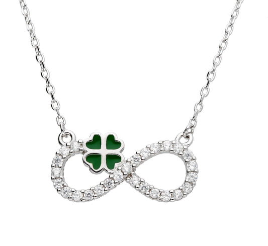 Silver Necklace Green Enamel Length 43+3 Infinity Clover