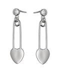 Silver Earrings Heart Safety Pin