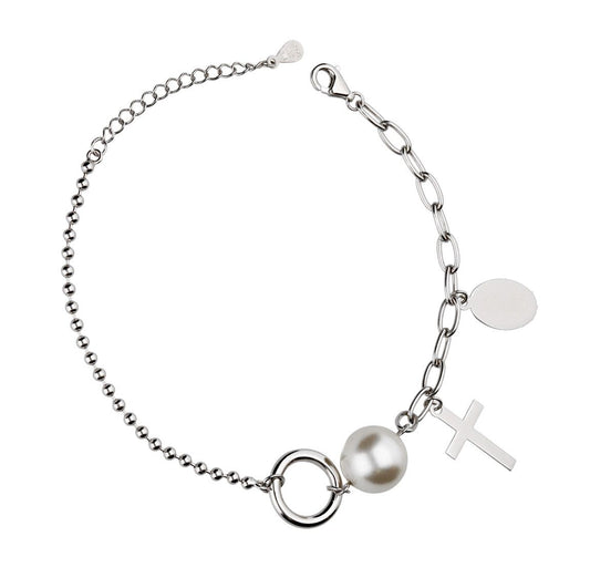 Silver Bracelet 16.5+3 Pearl Cross