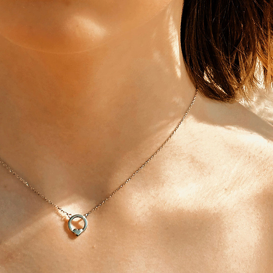 Silver Necklace, Shining Heart within a Circle