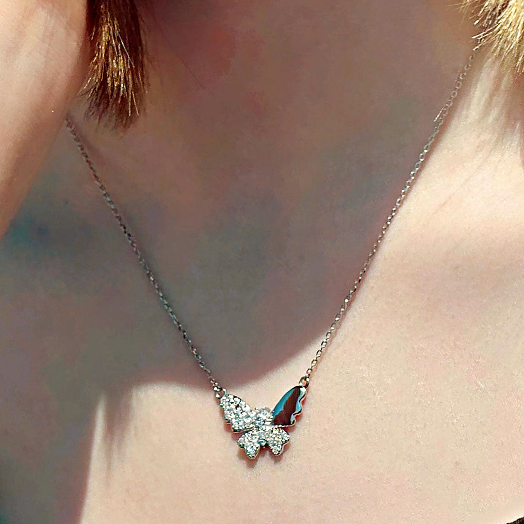 Silver Necklace, Butterfly with Sparkling Stones | Length 43+3 cm