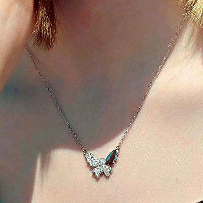 Silver Necklace, Butterfly with Sparkling Stones | Length 43+3 cm