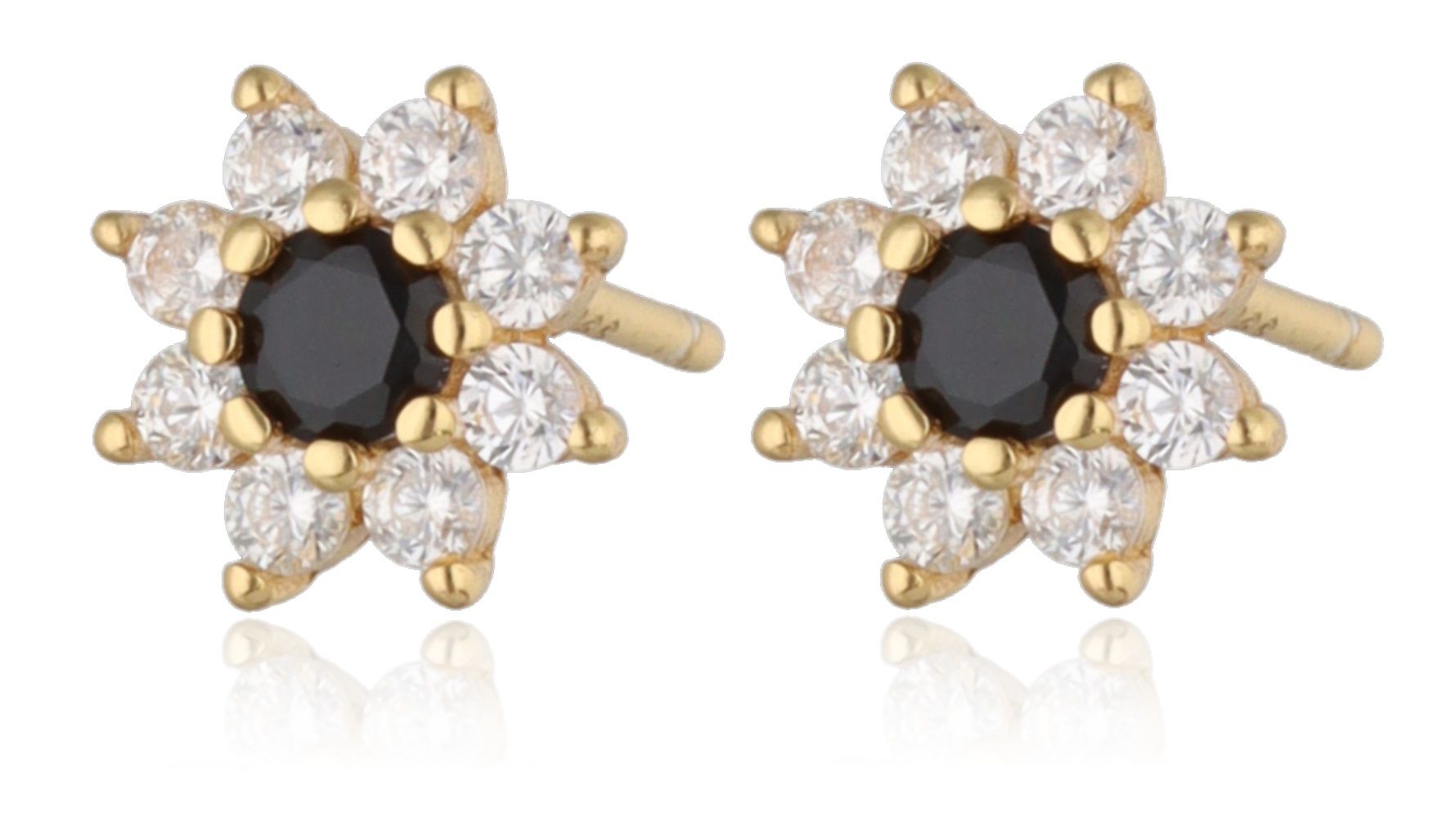 Vergoldete Silberohrringe Hauptstein Zirkonia schwarze Blume 7,6 mm