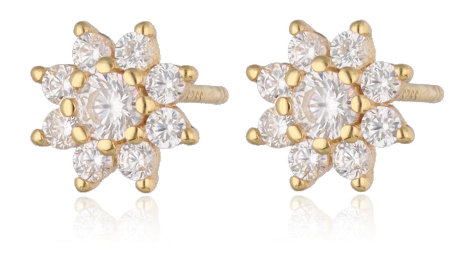 Ohrringe Silber vergoldet mit weißen Zirkonia-Blumen, 7,6 mm
