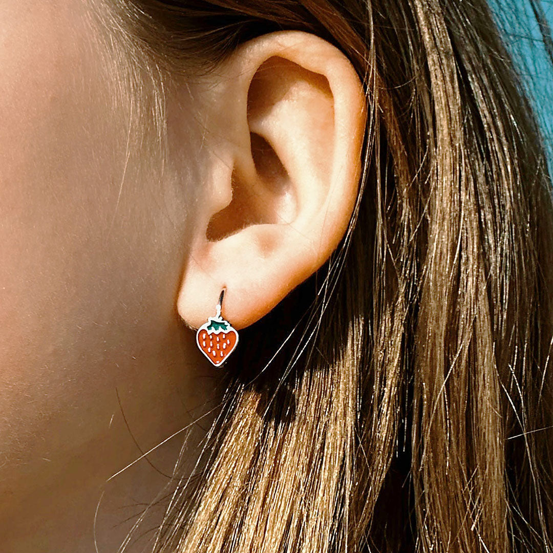 Silver Earrings, Strawberry With Red Enamel | 10 mm, English Clasp
