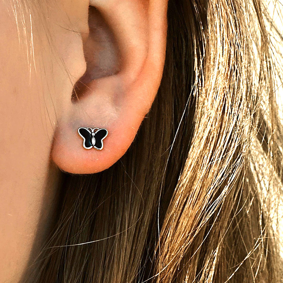 Silver Earrings, Butterfly with Black Enamel | 7mm