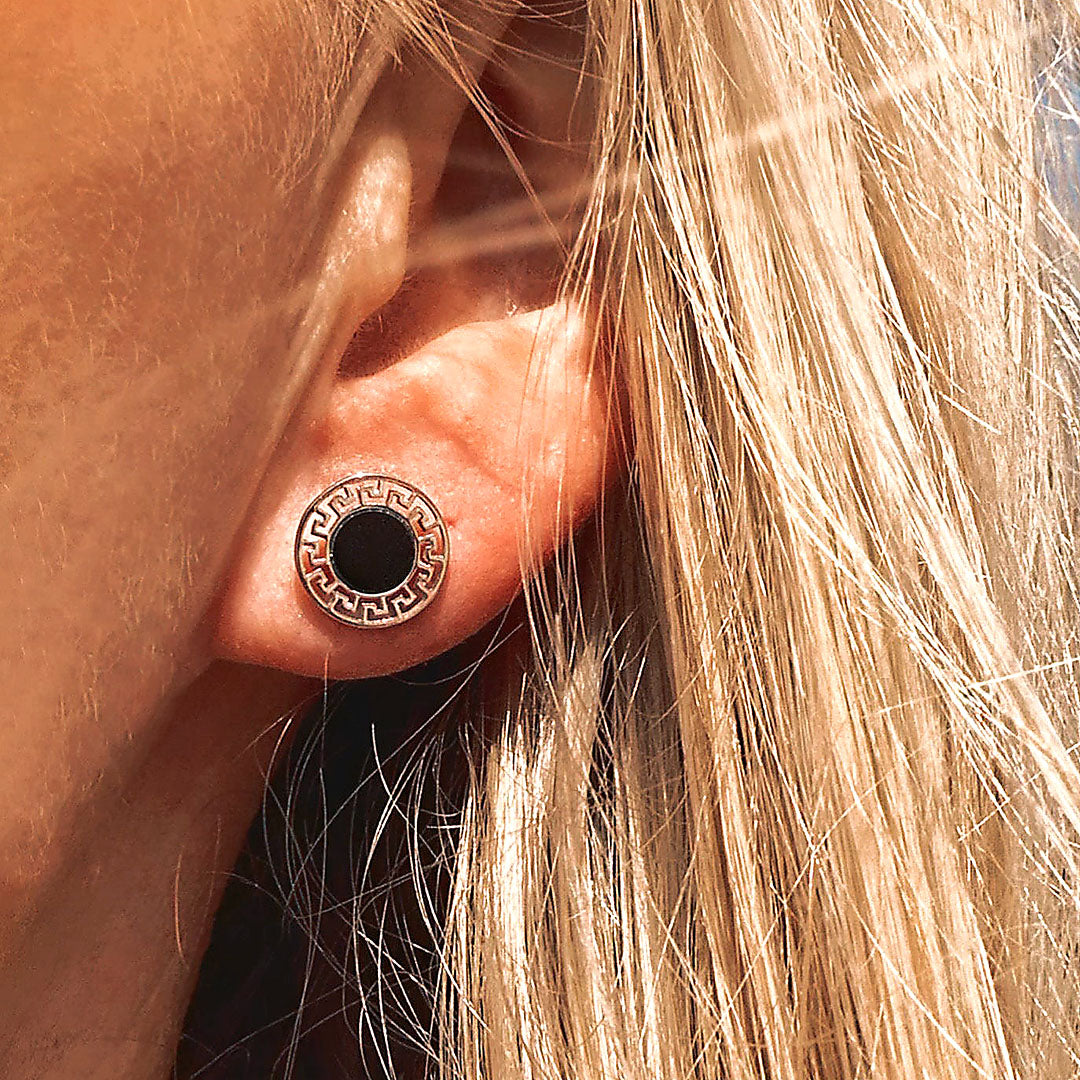 Silver Earrings with Greek Pattern and Onyx Inlay