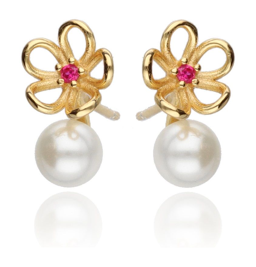 Silver Earrings Pearl Red Steel Jade Flower Gold Plated