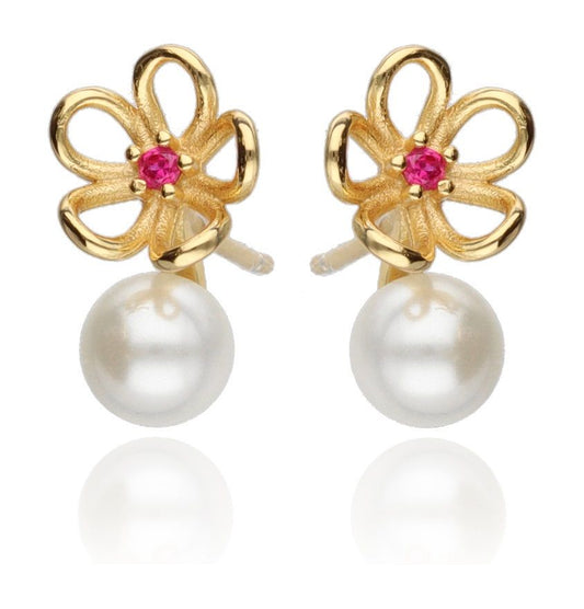 Silver Earrings Pearl Red Steel Jade Flower Gold Plated