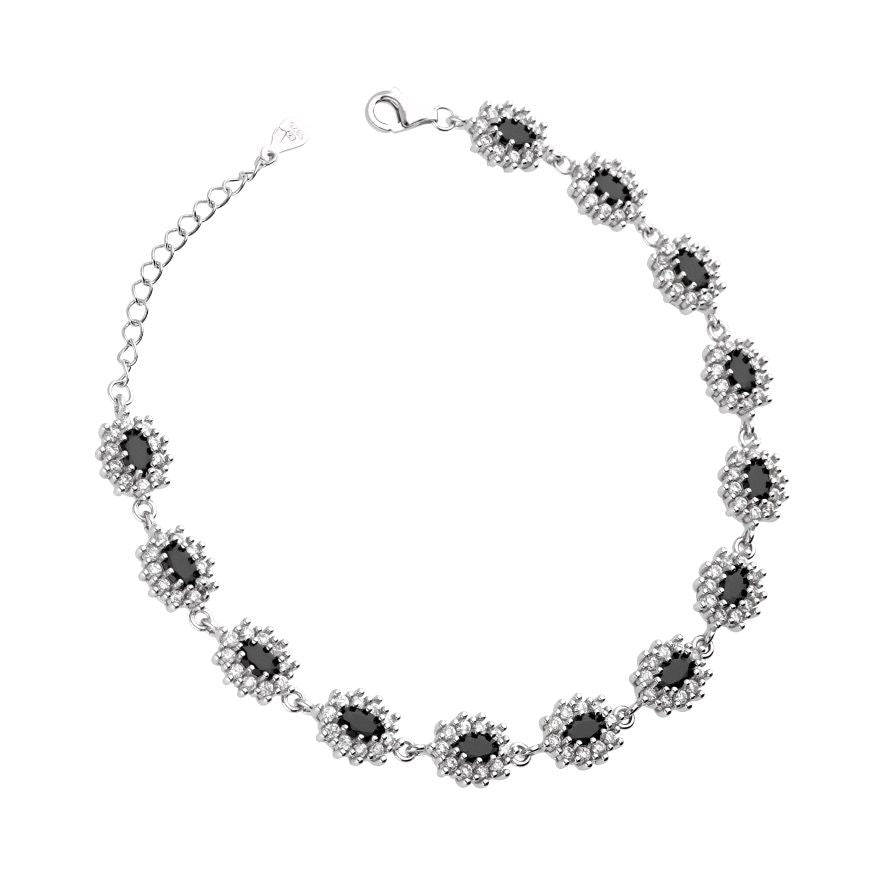 Silver Bracelet Black 13 pcs Oval Cut Gems