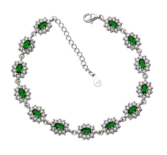 Silver Bracelet Emerald 13 pcs Oval Cut Gems