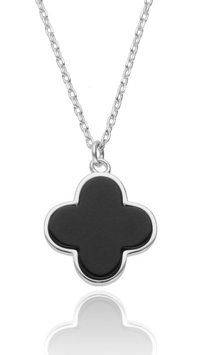 Silver Necklace Clover Black Onyx 14M