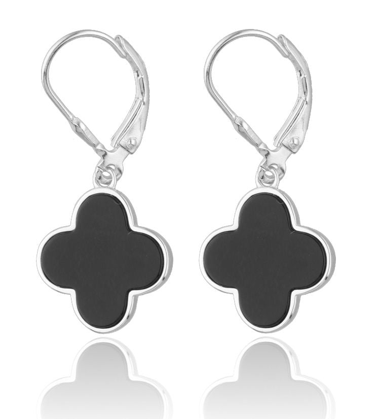 Silberohrringe Kleeblatt Schwarzer Onyx 14M lang