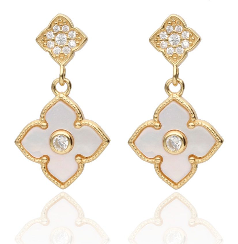 Silver Earrings Arabesque with Mother of Pearl and Crystals | Gold Plated