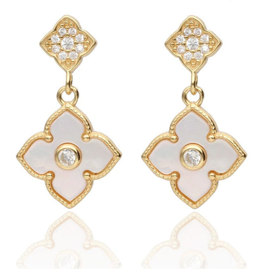 Silver Earrings Arabesque with Mother of Pearl and Crystals | Gold Plated