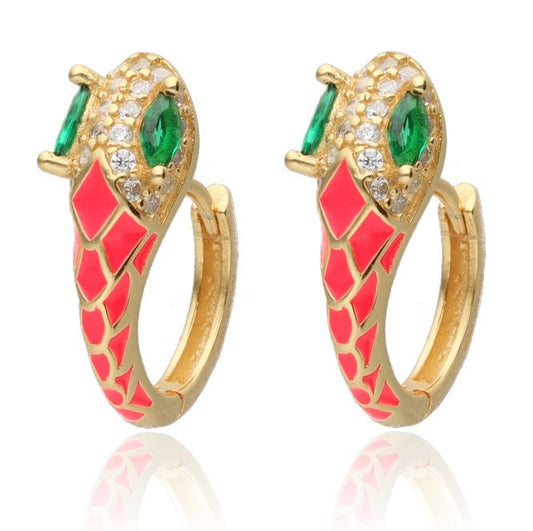 Silver Earrings Snake with White Crystals and Red Inlays | Gold Plated