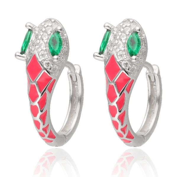 Silver Earrings Snake with White Crystals and Red Inlays