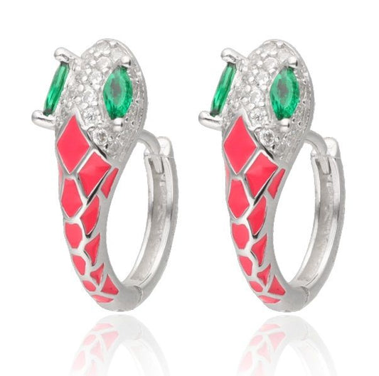 Silver Earrings Snake with White Crystals and Red Inlays