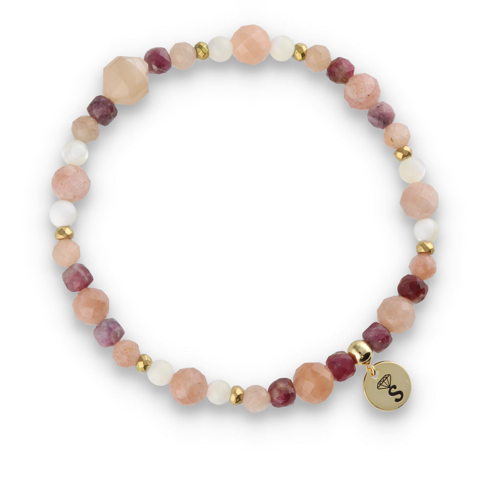 Silver Bracelet -30% Red Tourmaline, Sunstone, Shell Pearls, Hematite