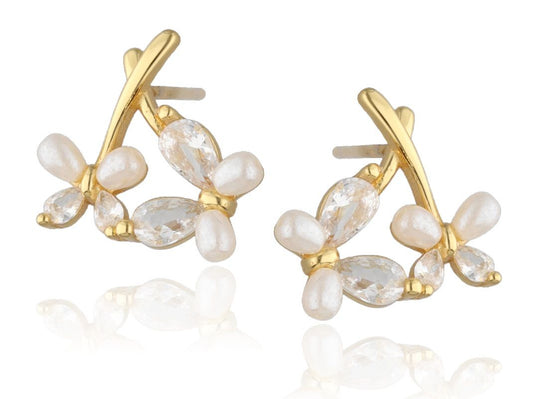 Silver Earrings Gold Plated Butterfly Pearl 14.5 M