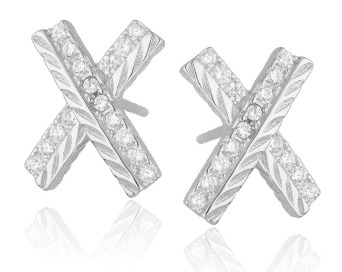 Silver Earrings, X Shape with White Crystals | Rhodium Plated, 14mm