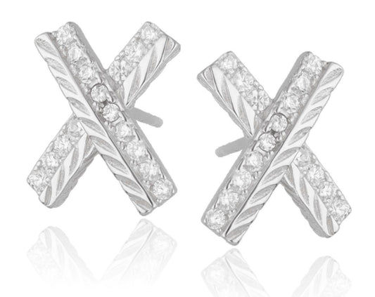 Silver Earrings, X Shape with White Crystals | Rhodium Plated, 14mm