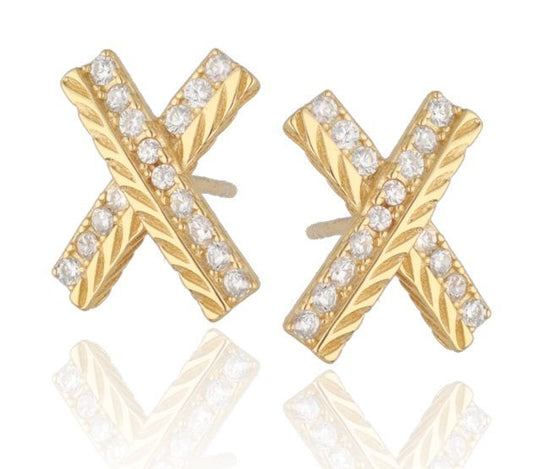 Silver Earrings, X Shape with White Crystals | Gold Plated, 14mm