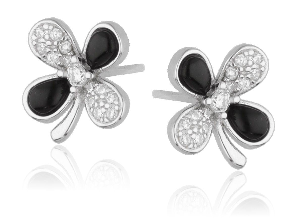 Silberohrringe Kleeblatt mit schwarzem Onyx | 9,5 mm