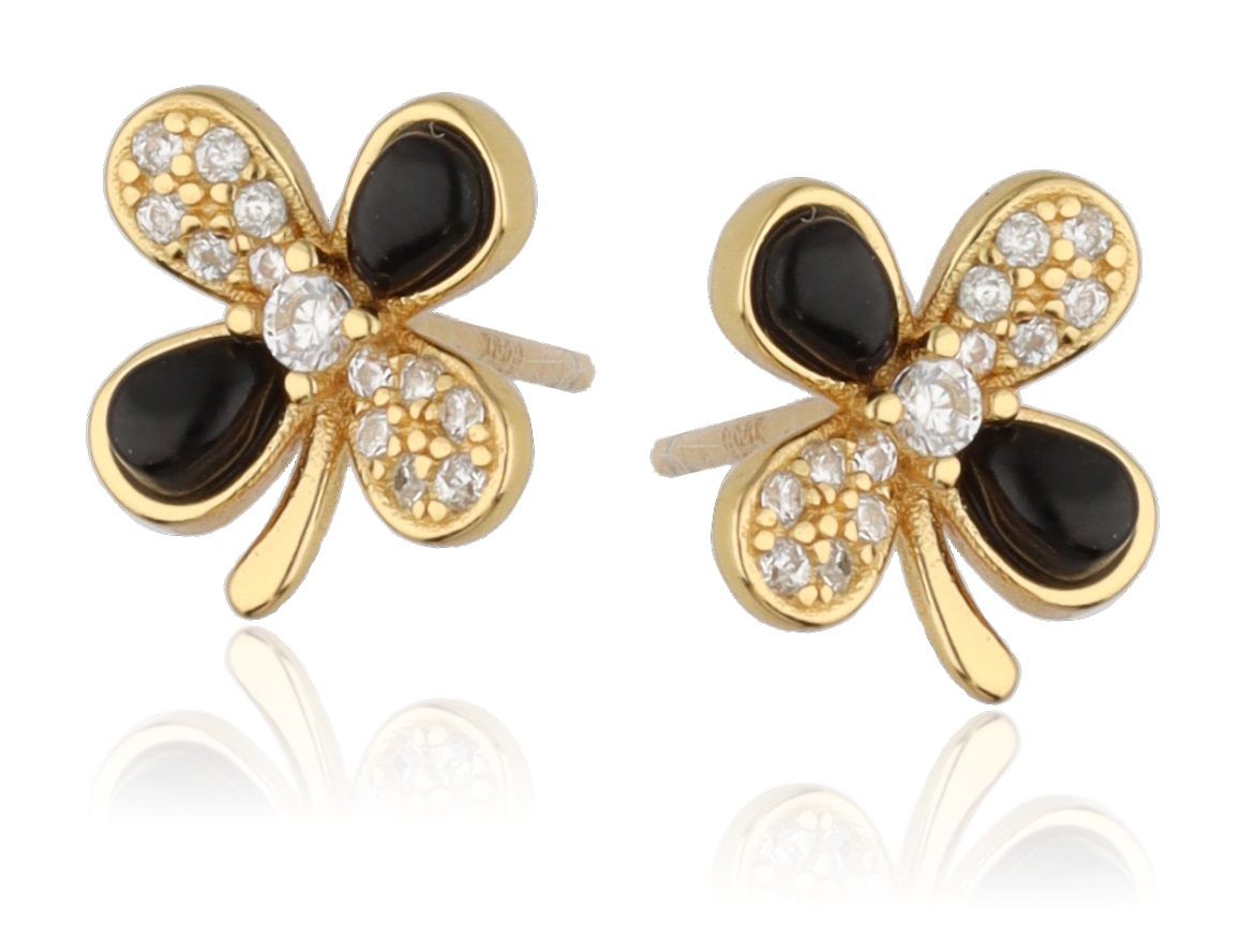Silver Earrings Clover with Black Onyx | 9.5 mm, Gold Plated