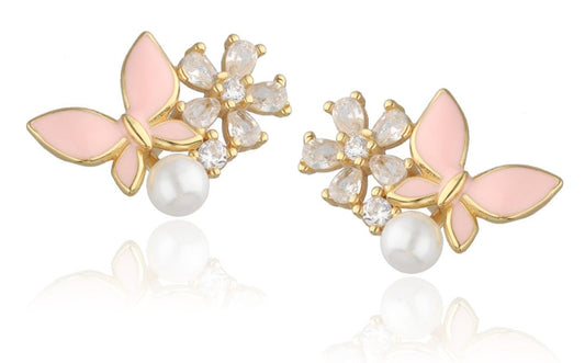 Silver Earrings Butterfly Flower Gold Plated 16M