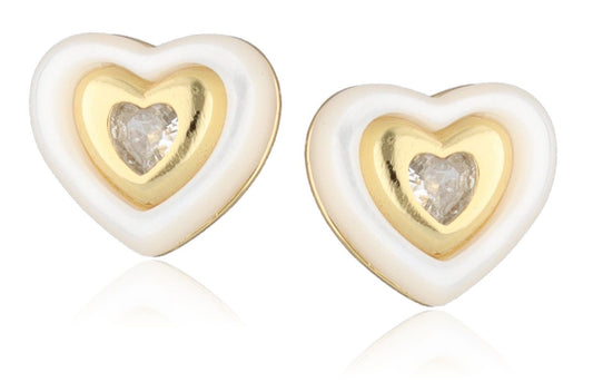 Silver Earrings Heart with Mother of Pearl and Crystal Center | Gold Plated, 10 mm