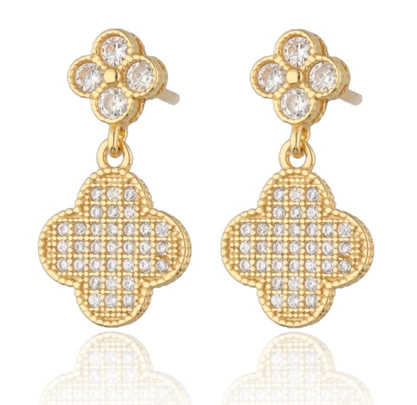 Silver Earrings Moroccan Clover with White Crystals | Gold Plated, 10 mm