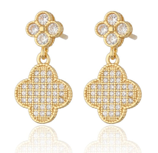 Silver Earrings Moroccan Clover with White Crystals | Gold Plated, 10 mm