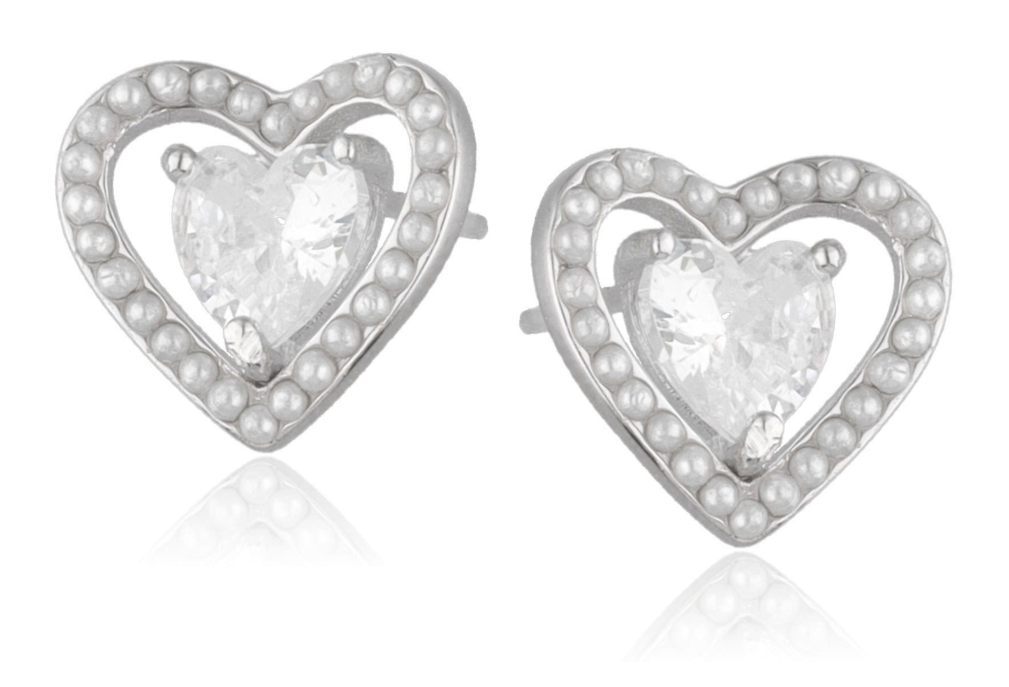 Silver Earrings 11.5 mm Hearts with Pearls and Heart-cut Phianite
