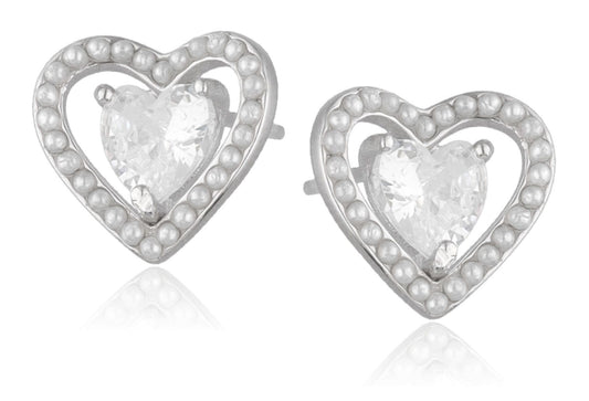 Silver Earrings 11.5 mm Hearts with Pearls and Heart-cut Phianite
