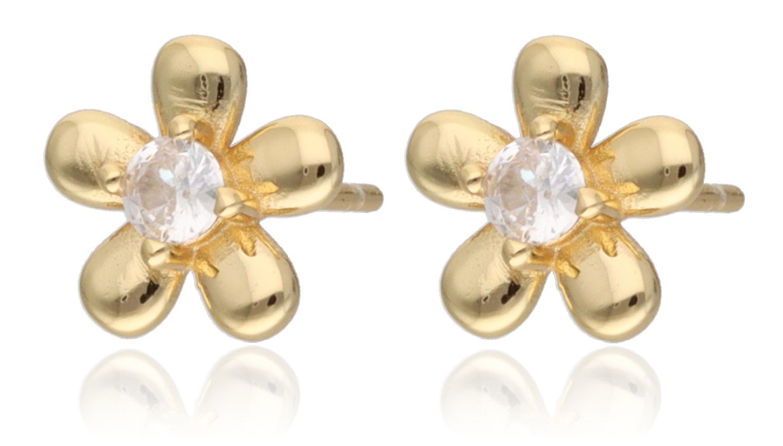Silver Earrings gold plated; white CZ 9m flower