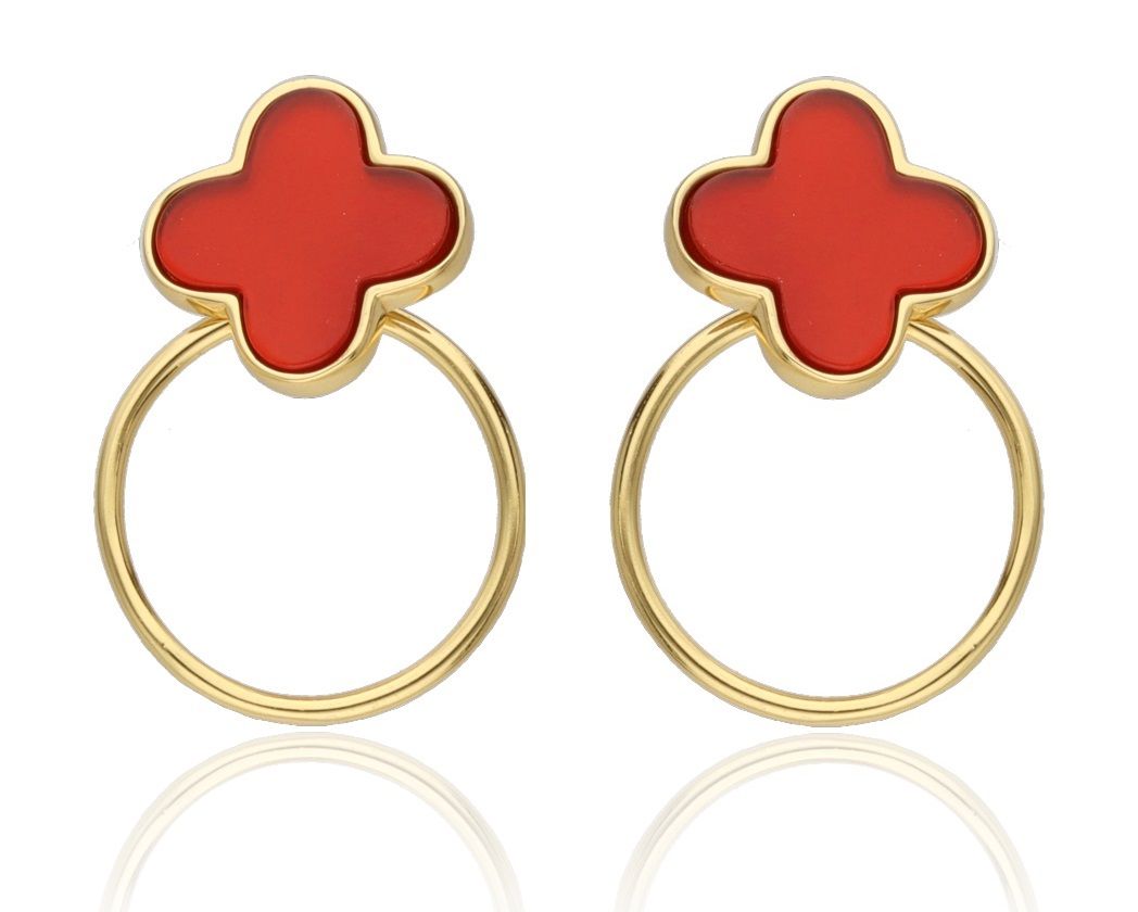 Silver Earrings Moroccan Clover with 15 mm Red Agate Stone | Gold Plated