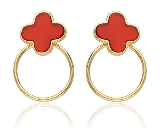 Silver Earrings Moroccan Clover with 15 mm Red Agate Stone | Gold Plated