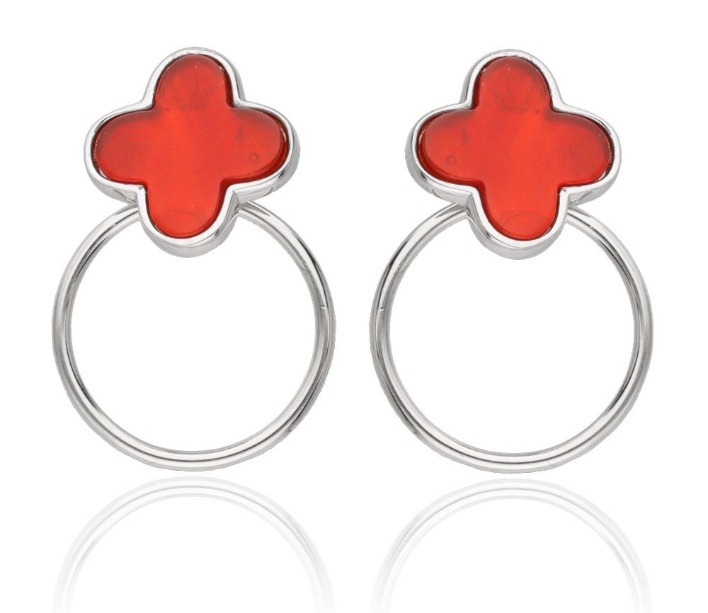 Silver Earrings Moroccan Clover with 15 mm Red Agate Stone