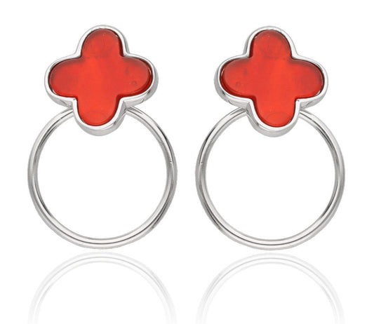 Silver Earrings Moroccan Clover with 15 mm Red Agate Stone