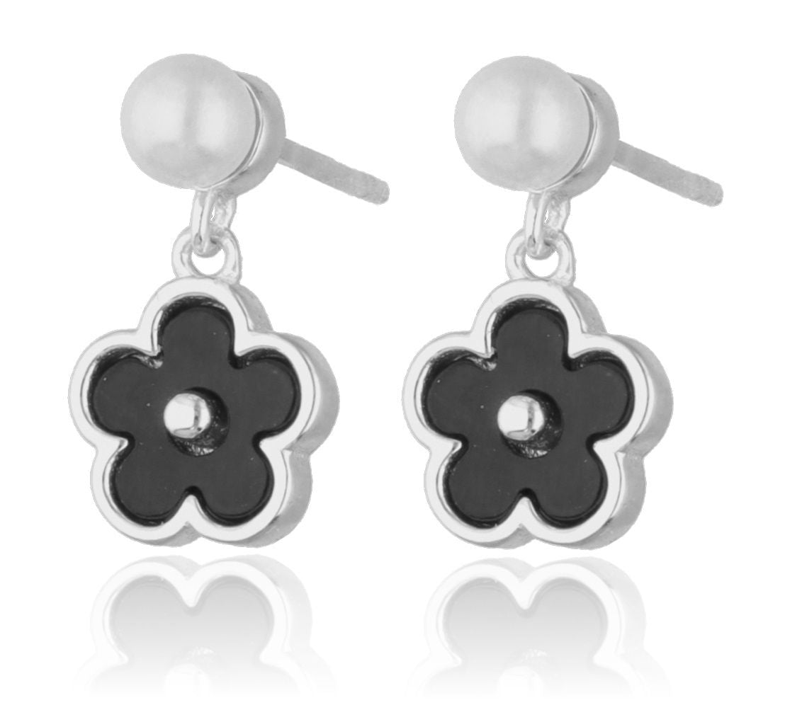 Silver Earrings flower pearl onyx