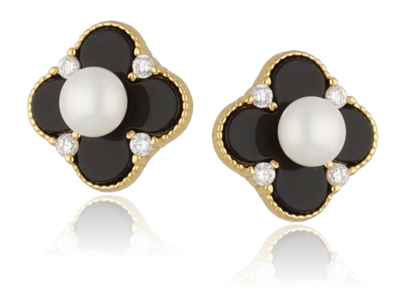 Silberohrringe Marokkanisches Kleeblatt mit Onyx und Perlen | Vergoldet, 11 mm