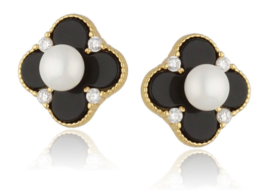 Silberohrringe Marokkanisches Kleeblatt mit Onyx und Perlen | Vergoldet, 11 mm